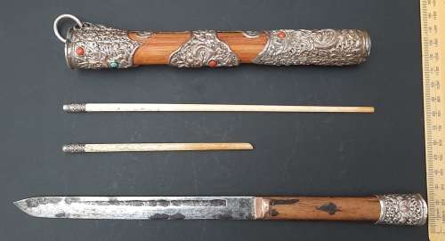** 19th Century Chinese Manchu Trousse Knife Set w/ Turquoise & Jasper Stone Inlay (27cm).**