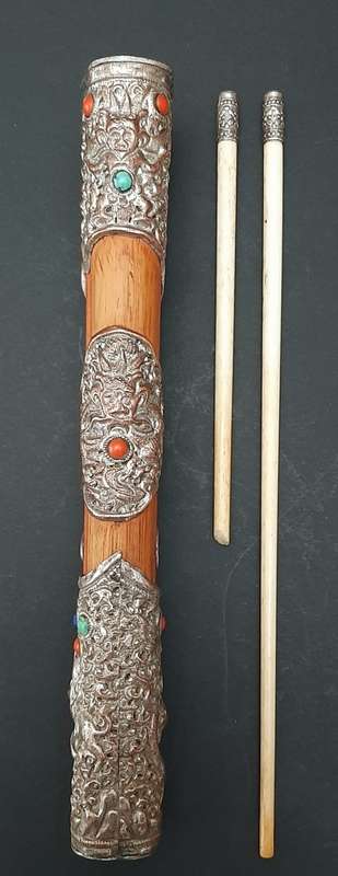 ** 19th Century Chinese Manchu Trousse Knife Set w/ Turquoise & Jasper Stone Inlay (27cm).**