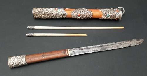 ** 19th Century Chinese Manchu Trousse Knife Set w/ Turquoise & Jasper Stone Inlay (27cm).**