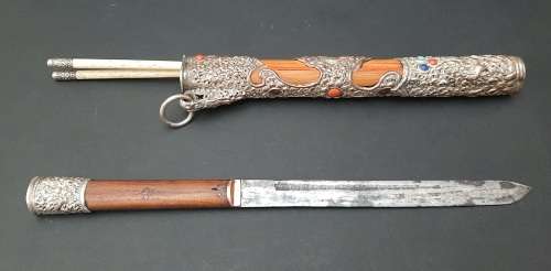 ** 19th Century Chinese Manchu Trousse Knife Set w/ Turquoise & Jasper Stone Inlay (27cm).**