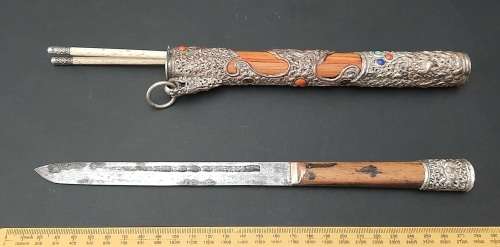** 19th Century Chinese Manchu Trousse Knife Set w/ Turquoise & Jasper Stone Inlay (27cm).**