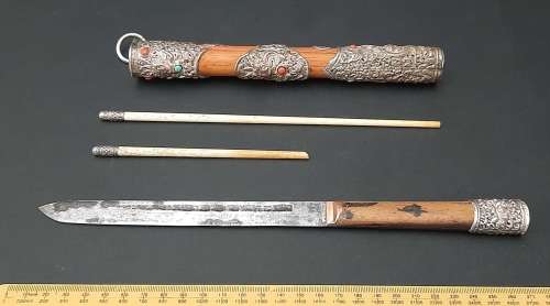 ** 19th Century Chinese Manchu Trousse Knife Set w/ Turquoise & Jasper Stone Inlay (27cm).**
