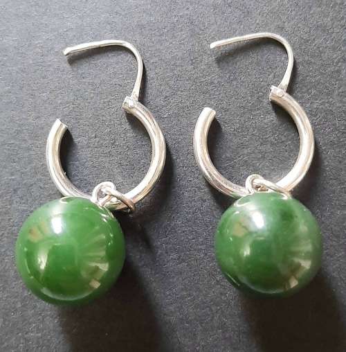 ** STUNNING:  20th Century Chinese Apple Green Jade & .800 Silver Bead Drop Earrings .**