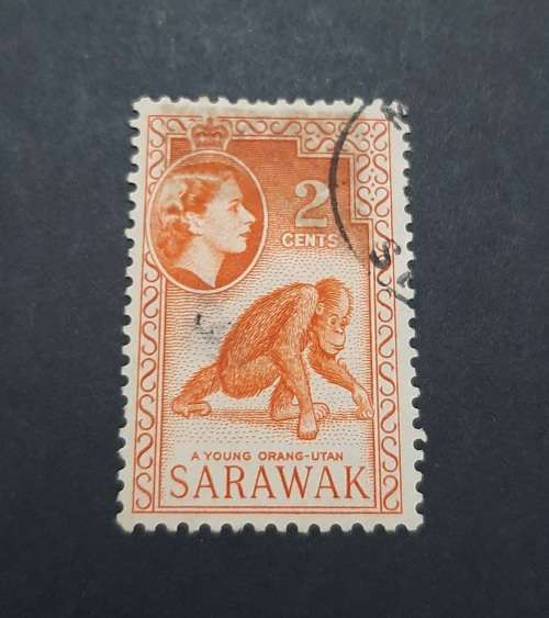 ** 1955 Sarawak QEII 2c Orang-utan  Orange Stamp (USED).**