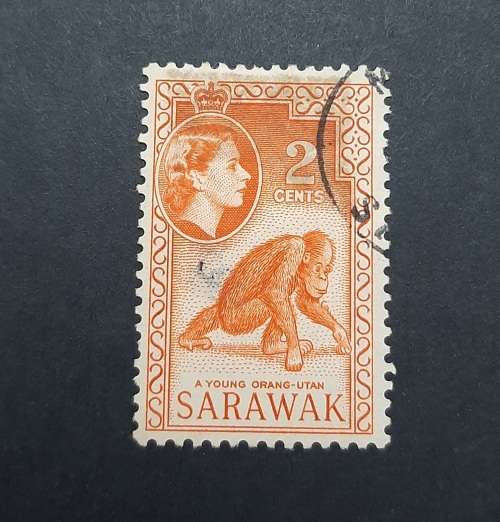 ** 1955 Sarawak QEII 2c Orang-utan  Orange Stamp (USED).**