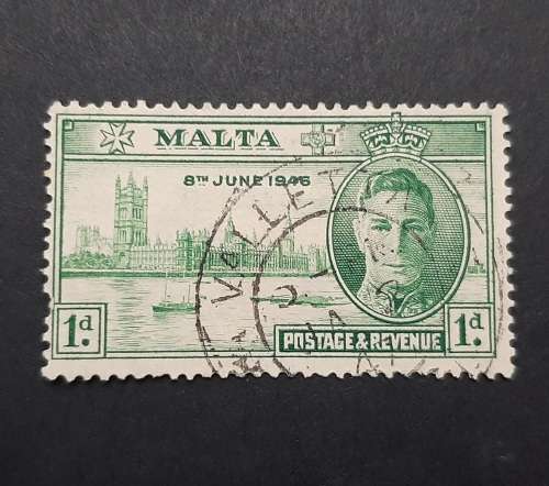** 1946  KGVI Malta Green Victory 1d Stamp (USED).**