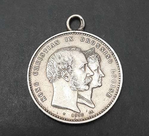 ** RARE : .800 Silver Denmark 1892 King Christian IX 50th Wedding Anniv. Medallion (15.24 g).**