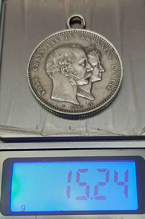 ** RARE : .800 Silver Denmark 1892 King Christian IX 50th Wedding Anniv. Medallion (15.24 g).**