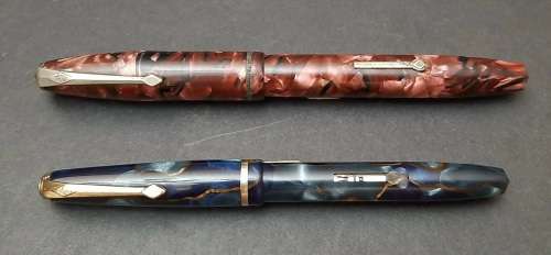 ** RARE:  Pair 14ct Gold Nib Conway-Stewart Fountain Pens w/ Oak Case (USED).**