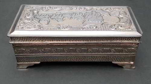 20th century silverplated Indian embellished humidor (22cm x 11cm x 7cm)