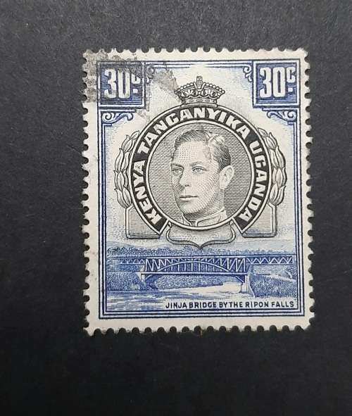 ** 1938 KGVI Uganda, Kenya, Tanganyika Blue 30c Stamp (USED).**