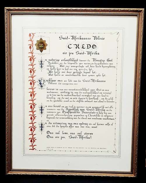 1981 South African Police (S.A.P) Embellished Credo in Afrikaans Framed 0.65 m x 0.5 m