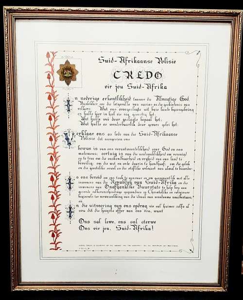 1981 South African Police (S.A.P) Embellished Credo in Afrikaans Framed 0.65 m x 0.5 m