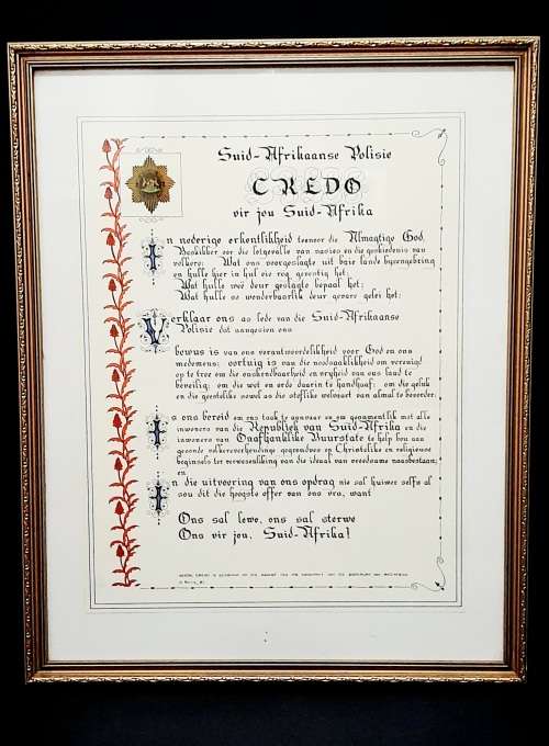 1981 South African Police (S.A.P) Embellished Credo in Afrikaans Framed 0.65 m x 0.5 m