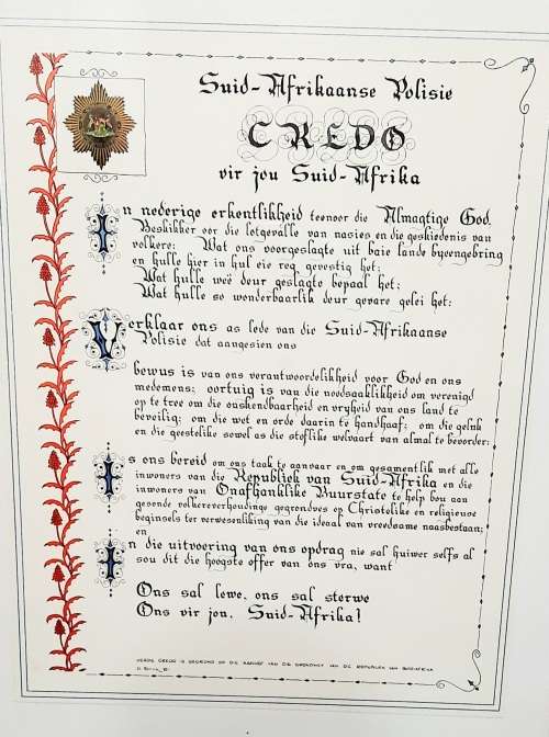 1981 South African Police (S.A.P) Embellished Credo in Afrikaans Framed 0.65 m x 0.5 m