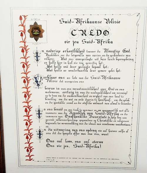 1981 South African Police (S.A.P) Embellished Credo in Afrikaans Framed 0.65 m x 0.5 m
