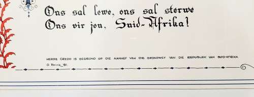 1981 South African Police (S.A.P) Embellished Credo in Afrikaans Framed 0.65 m x 0.5 m
