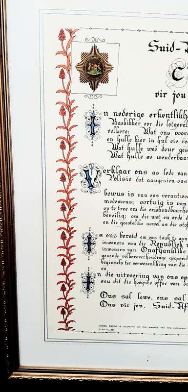 1981 South African Police (S.A.P) Embellished Credo in Afrikaans Framed 0.65 m x 0.5 m