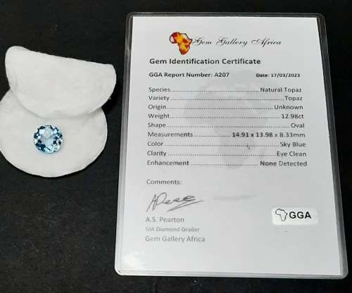 **STUNNING: 12.98 carat `Sky Blue` Natural Oval Cut Topaz w/ Certification.**