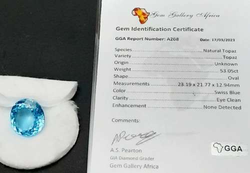 STUNNING: 53.05  carat VVS  `Swiss Blue` Natural Oval Cut Topaz w/ Certification.**