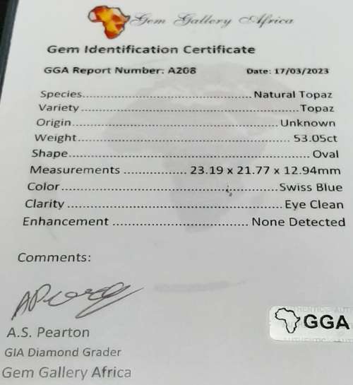 STUNNING: 53.05  carat VVS  `Swiss Blue` Natural Oval Cut Topaz w/ Certification.**