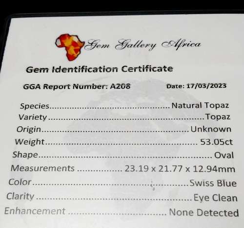 STUNNING: 53.05  carat VVS  `Swiss Blue` Natural Oval Cut Topaz w/ Certification.**