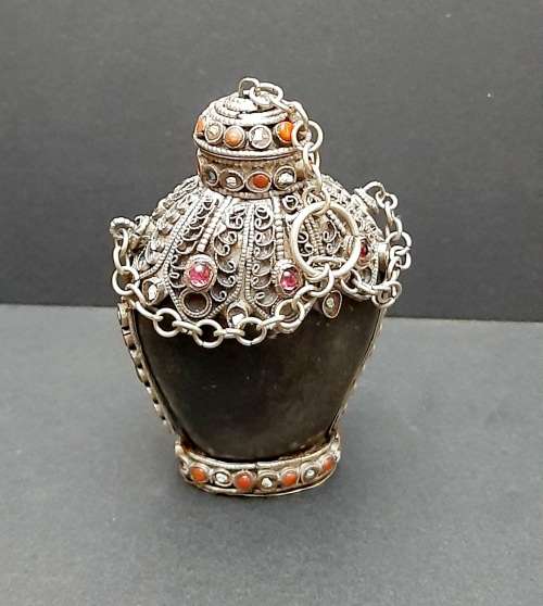 **STUNNING: Late 19th Century Sino-Tibetan Gemstone Inlaid .800 Silver & Horn Snuff Bottle **