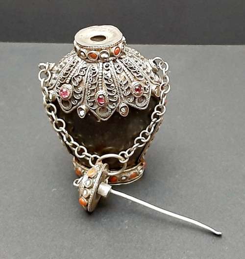 **STUNNING: Late 19th Century Sino-Tibetan Gemstone Inlaid .800 Silver & Horn Snuff Bottle **