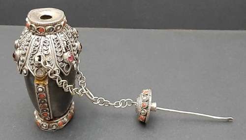 **STUNNING: Late 19th Century Sino-Tibetan Gemstone Inlaid .800 Silver & Horn Snuff Bottle **