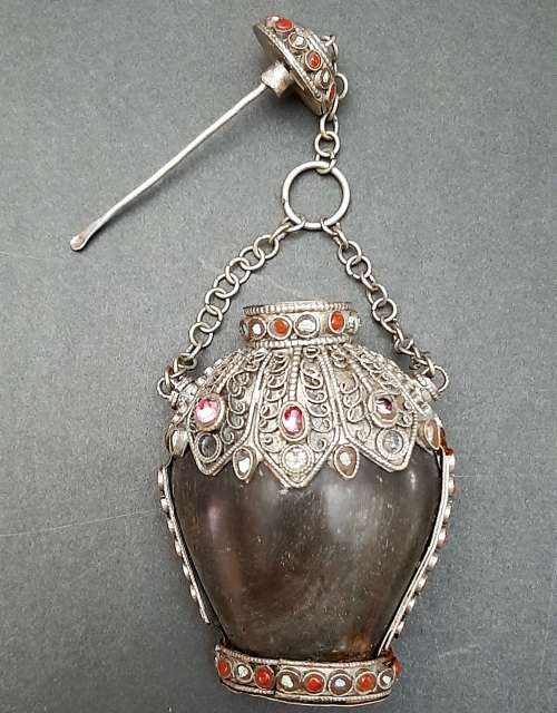 **STUNNING: Late 19th Century Sino-Tibetan Gemstone Inlaid .800 Silver & Horn Snuff Bottle **