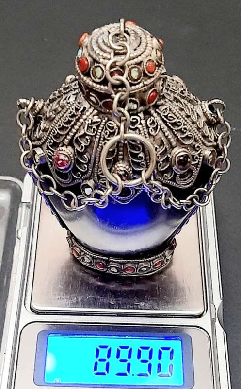 **STUNNING: Late 19th Century Sino-Tibetan Gemstone Inlaid .800 Silver & Horn Snuff Bottle **