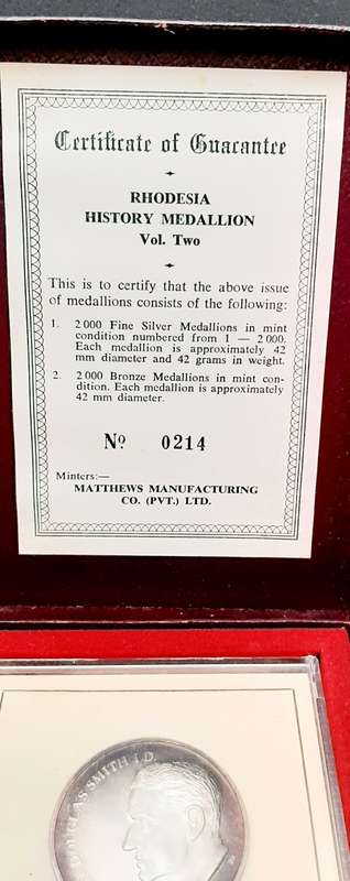 Rare 1970s Rhodesian History Series .999 fine silver Ian Smith medallion with certificate