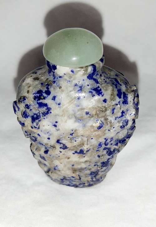 ** STUNNING- Chinese Carved Blue Corundum Semi-Precious Stone Snuff Bottle w/ Spoon (8cm).**