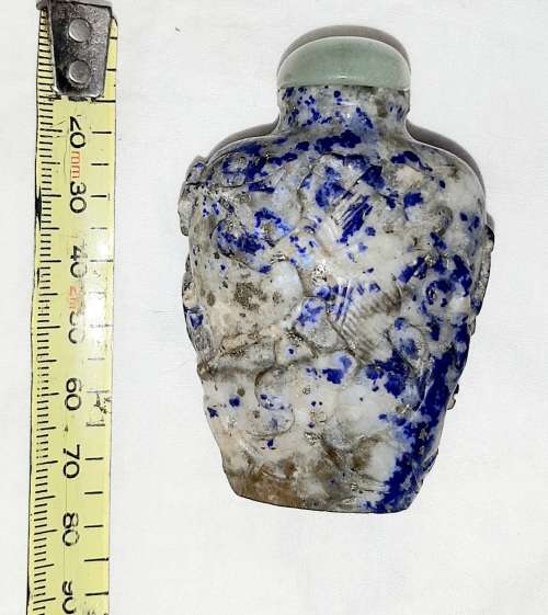 ** STUNNING- Chinese Carved Blue Corundum Semi-Precious Stone Snuff Bottle w/ Spoon (8cm).**