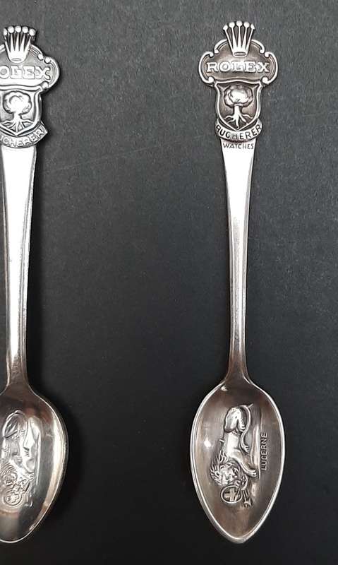 **EXQUISITE: 20th Century Rolex Bucherer Watches .800 Silver Souvenir Spoons ×4 .**