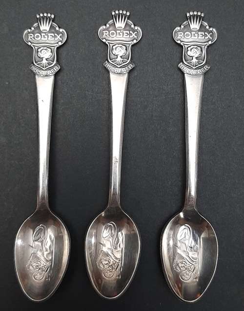 **EXQUISITE: 20th Century Rolex Bucherer Watches .800 Silver Souvenir Spoons ×4 .**