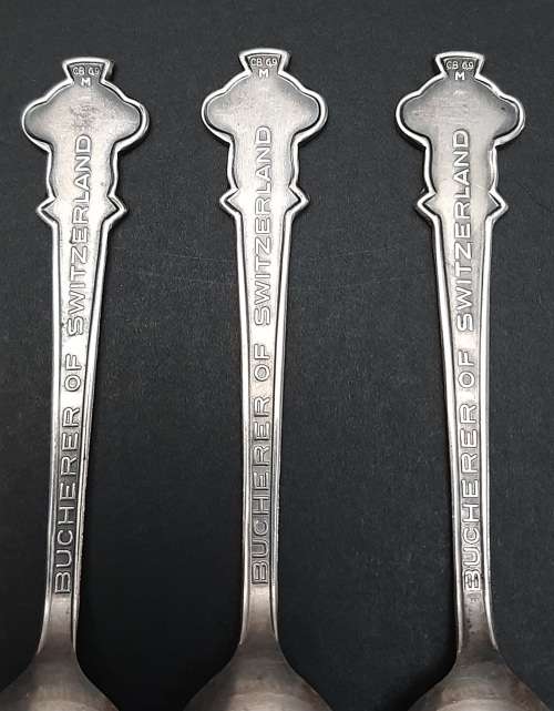 **EXQUISITE: 20th Century Rolex Bucherer Watches .800 Silver Souvenir Spoons ×4 .**