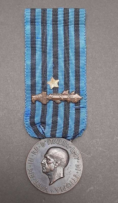 **RARE: 1936 Italian Africa Orientale Fascist Medal w/ Ribbon Devices (Combat & Valour)**