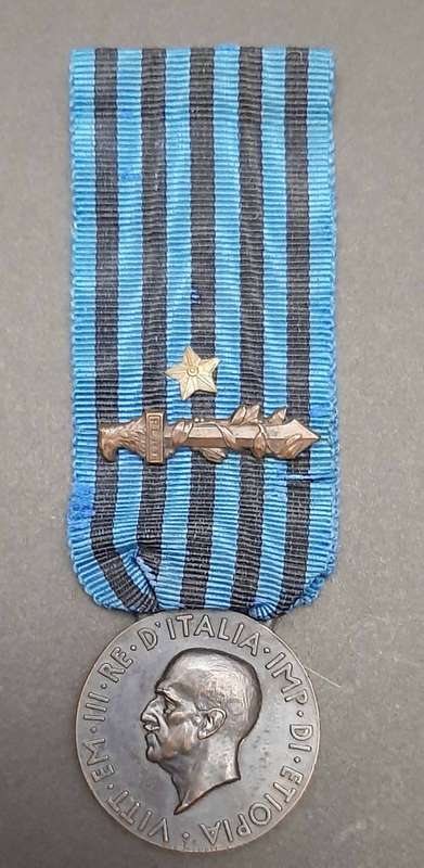 **RARE: 1936 Italian Africa Orientale Fascist Medal w/ Ribbon Devices (Combat & Valour)**