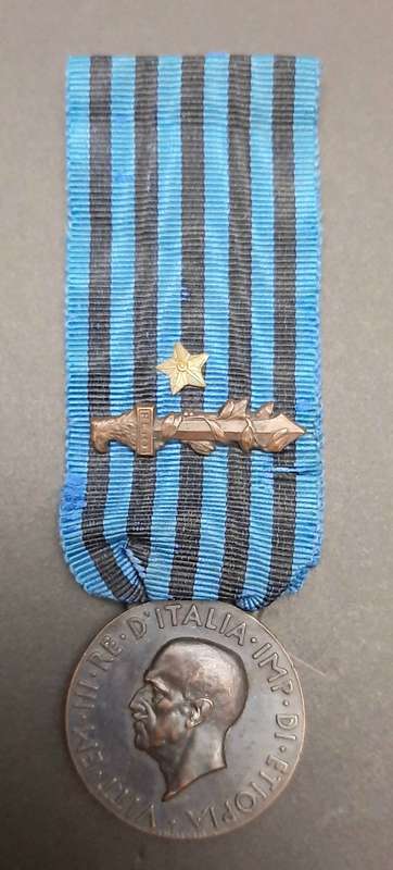**RARE: 1936 Italian Africa Orientale Fascist Medal w/ Ribbon Devices (Combat & Valour)**