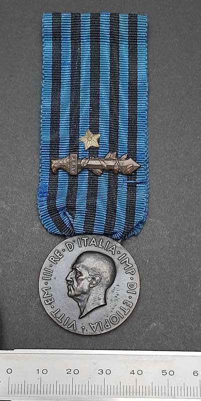 **RARE: 1936 Italian Africa Orientale Fascist Medal w/ Ribbon Devices (Combat & Valour)**