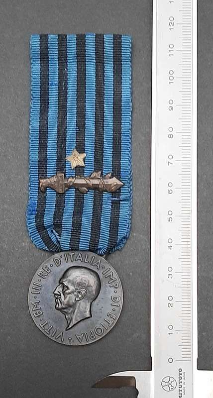**RARE: 1936 Italian Africa Orientale Fascist Medal w/ Ribbon Devices (Combat & Valour)**