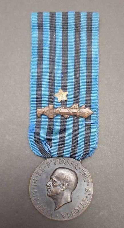 **RARE: 1936 Italian Africa Orientale Fascist Medal w/ Ribbon Devices (Combat & Valour)**