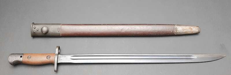 WW2 UDF 1907 Patt. Mangrovite Bayonet with Matching Scabbard (Inscribed)