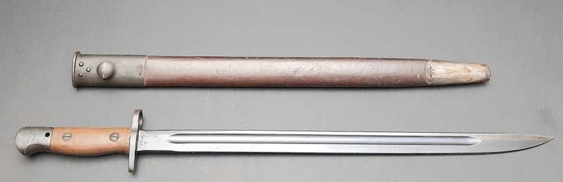 WW2 UDF 1907 Patt. Mangrovite Bayonet with Matching Scabbard (Inscribed)