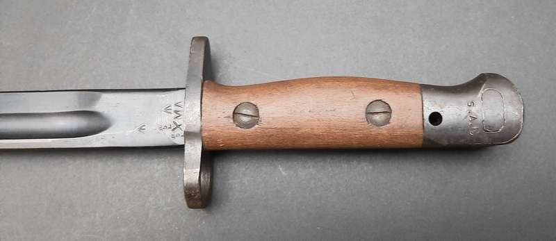 WW2 UDF 1907 Patt. Mangrovite Bayonet with Matching Scabbard (Inscribed)