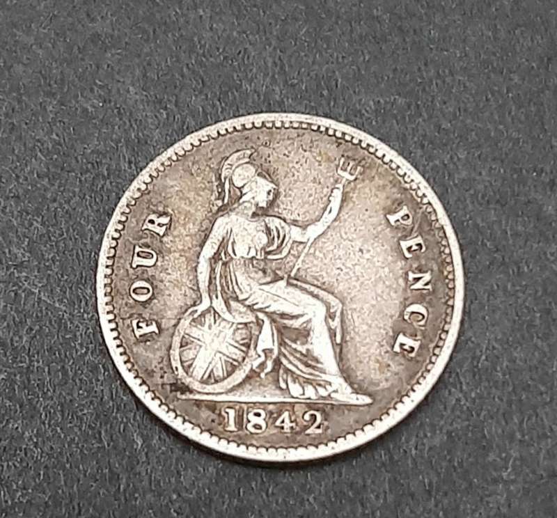 **1842 Britain: .925 Silver 4d QV Coin (F+).**