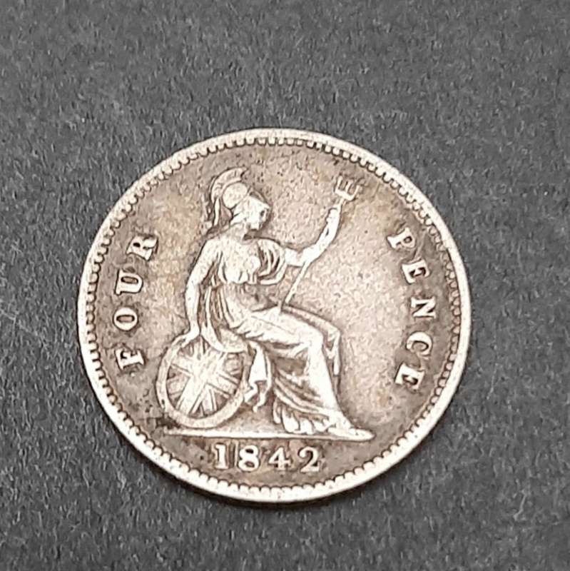 **1842 Britain: .925 Silver 4d QV Coin (F+).**