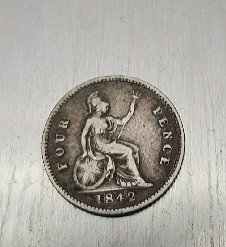 **1842 Britain: .925 Silver 4d QV Coin (F+).**