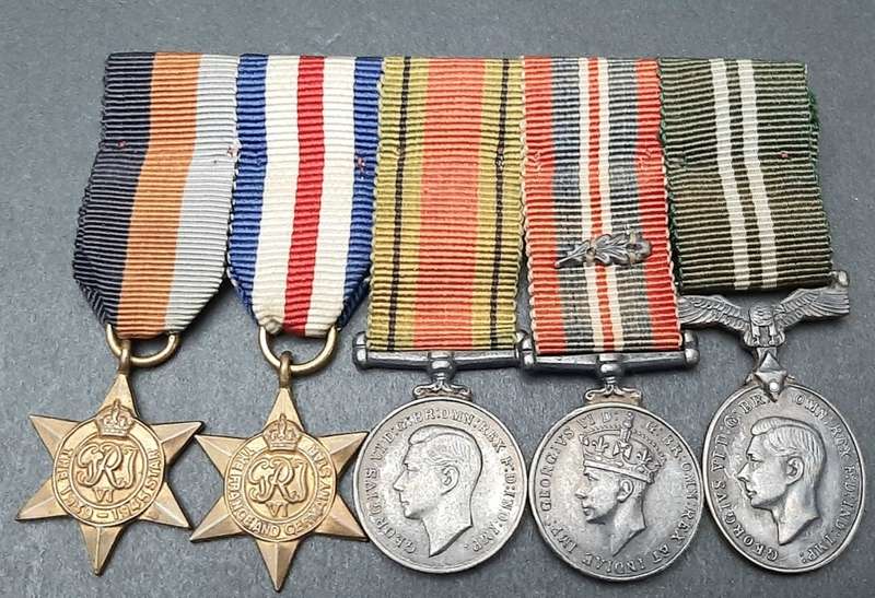 **RARE: WW2 Miniature Campaign Medals w/ Air Efficiency Award Court Mounted (Dispatches).**